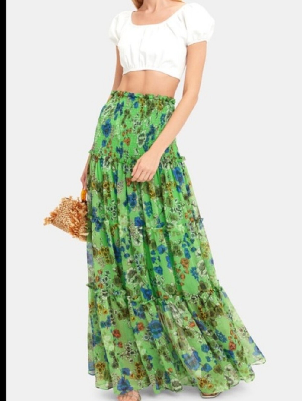 Alexis Nwot Ditzy Meadow Flowers Delicate Green Floral Tiered Maxi Skirt S